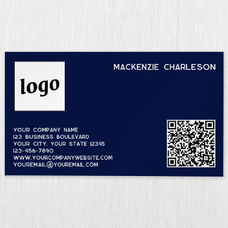 Simple Logo and QR Code Navy Blue Magnetic Business Card
