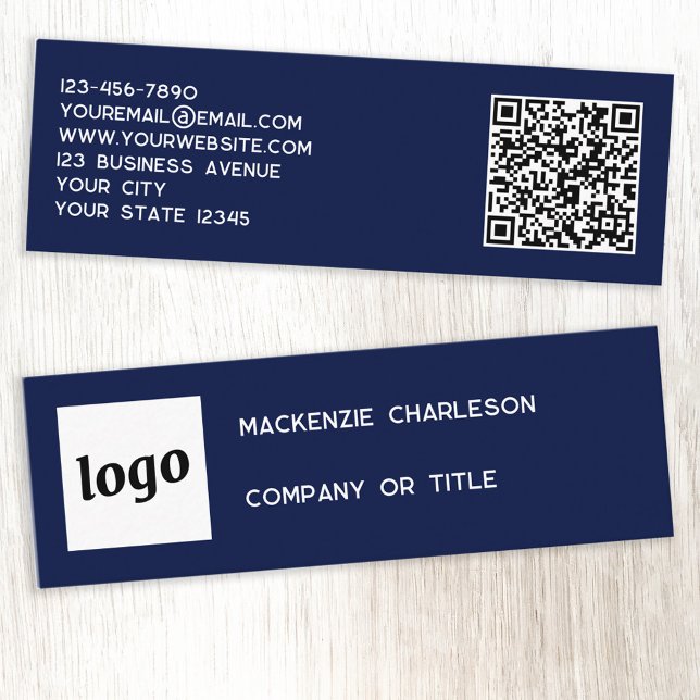 Simple Logo and QR Code Navy Blue Mini Business Card (Simple logo with custom text and QR code professional navy blue mini business cards)