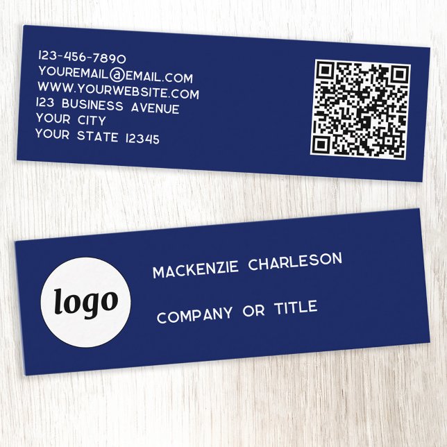 Simple Logo and QR Code Navy Blue Mini Business Card (Navy blue and white logo, custom text and QR code professional mini business card)
