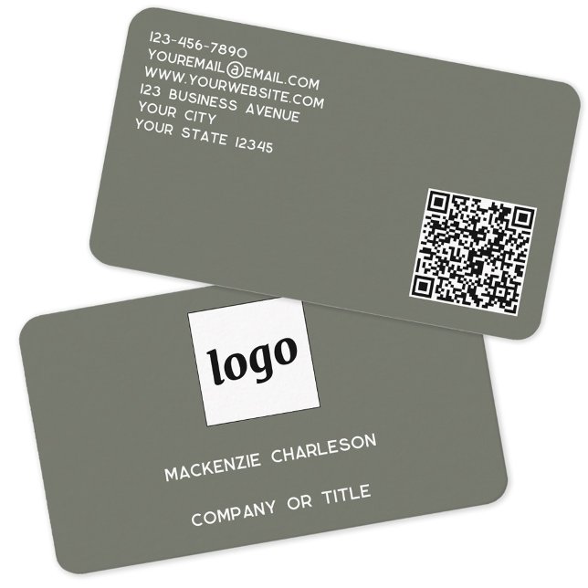 Simple Logo and QR Code Sage Green Business Card (Logo QR code with custom text sage green minimalist modern business card)
