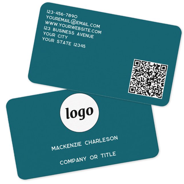 Simple Logo and QR Code Teal Green Business Card (Simple logo QR code custom text professional branding promotional business card teal green)