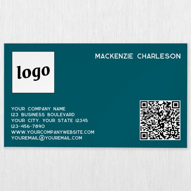 Simple Logo and QR Code Teal Green Magnetic Business Card (Simple logo with custom text business branding promotional magnetic business card teal green)