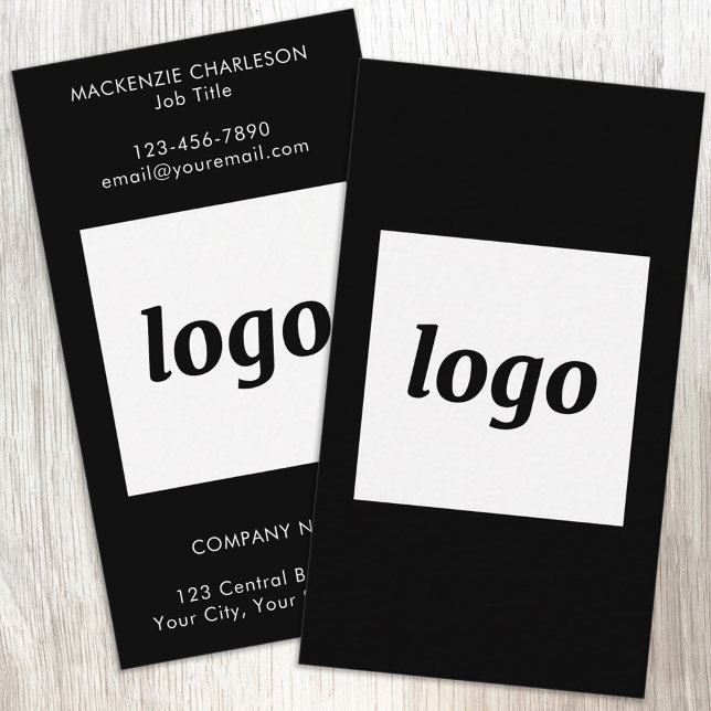 Simple Logo and Text Black Vertical Business Card (Simple logo with custom text business branding promotional business cards)