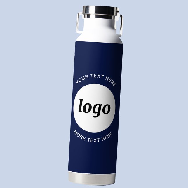 Simple Logo and Text Business Navy Blue Water Bottle (Logo with custom text business branding water bottle in navy blue )