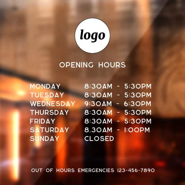 Simple Logo and Text Business Opening Hours Window Cling (Simple logo with custom text business branding promotional opening hours window cling)