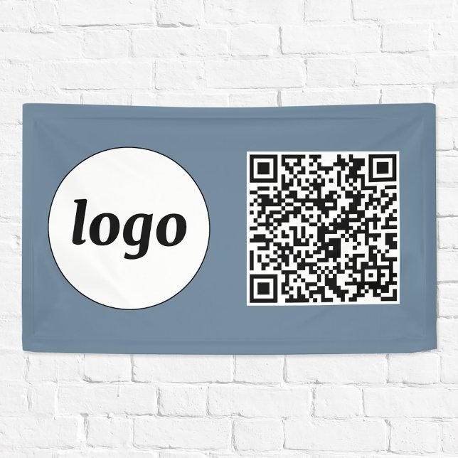 Simple Logo and Text Business QR Code Dusty Blue Banner (Logo  with QR code business promotional banner)