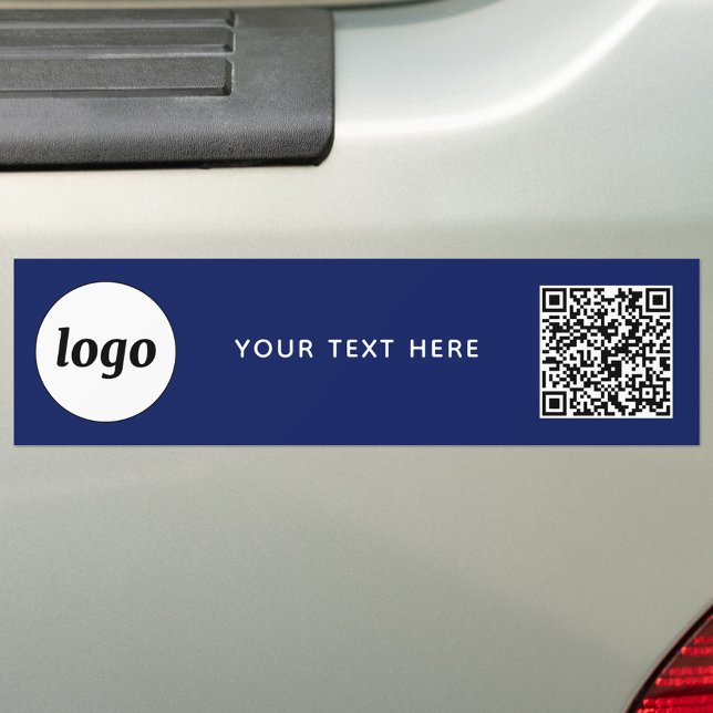 Simple Logo and Text Business QR Code Navy Blue Bumper Sticker (Simple logo, QR code and custom text promotional business branding bumper sticker in navy blue)