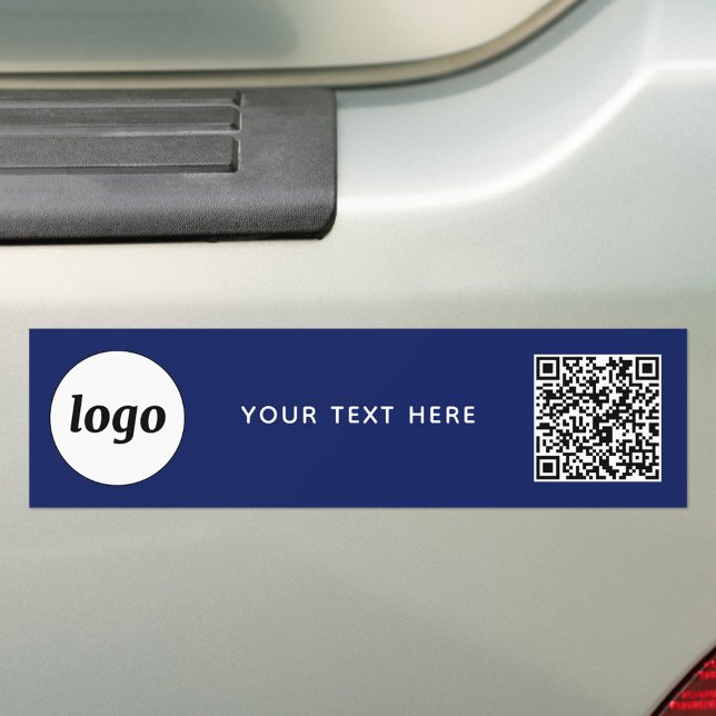 Simple Logo and Text Business QR Code Navy Blue Bumper Sticker (Navy blue logo with custom text and QR code business promotional bumper sticker)