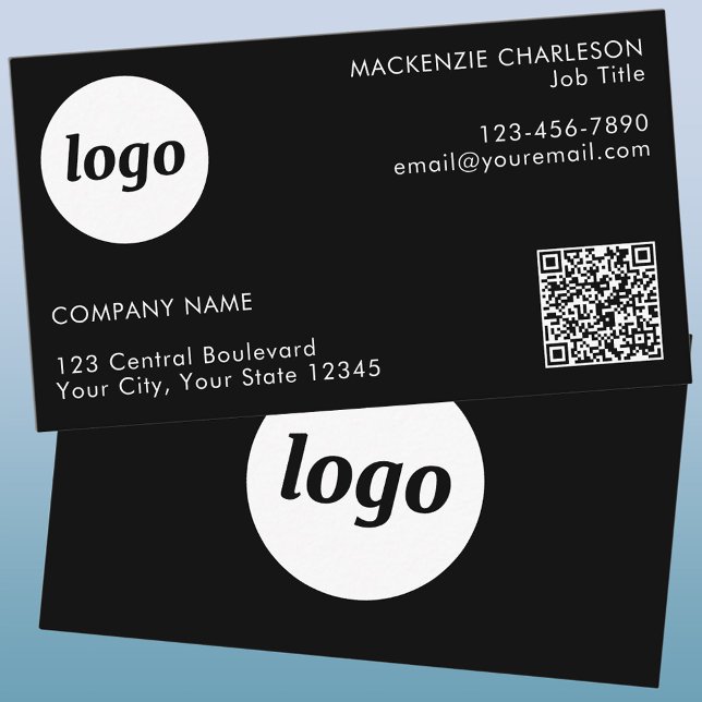 Simple Logo and Text QR Code Black Business Card (Logo with text and QR code business card)