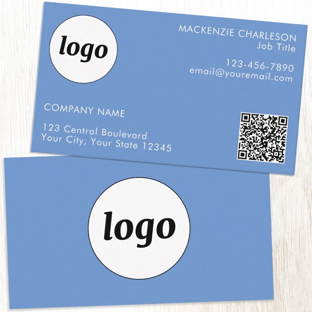 Simple Logo and Text QR Code Blue Business Card (Simple logo with QR code custom text professional branding sky blue business card)