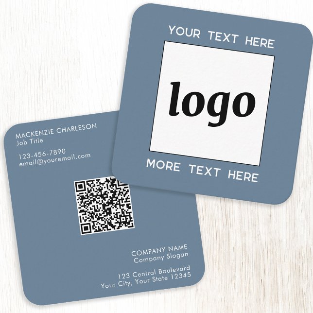 Simple Logo and Text QR Code Blue Square Business Card (Logo with QR code custom text blue gray square business card)