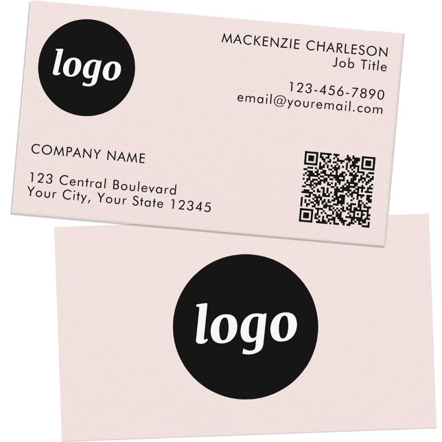 Simple Logo and Text QR Code Blush Pink Business Card (Logo with QR code and custom text blush pink business cards)