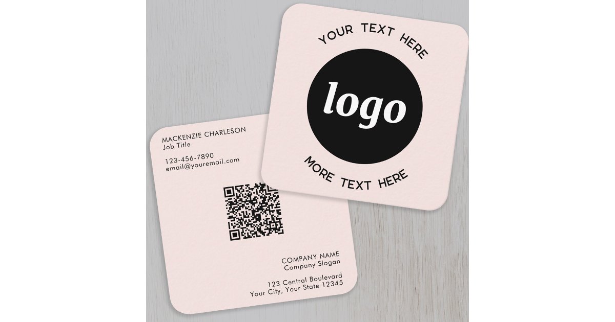 Simple Logo and Text QR Code Blush Pink Square Business Card | Zazzle