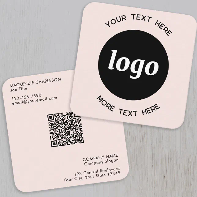 Simple Logo and Text QR Code Blush Pink Square Business Card | Zazzle
