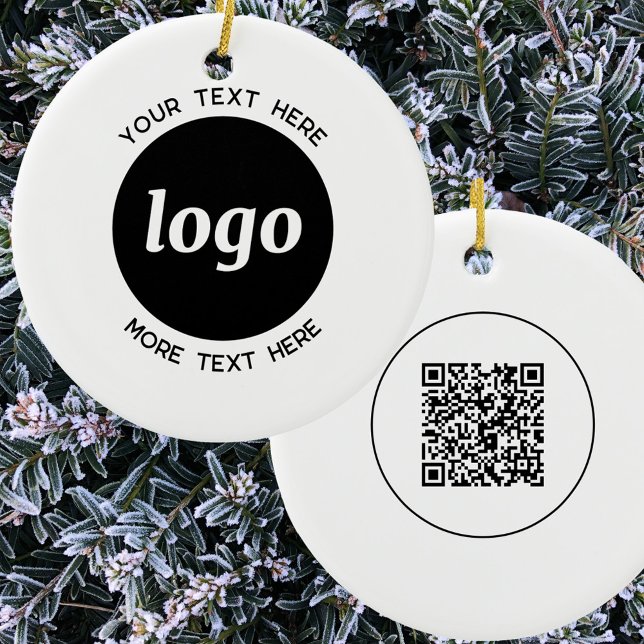Simple Logo and Text QR Code Ceramic Tree Decoration (Simple logo with custom text and QR code small business promotional branding ceramic ornament )
