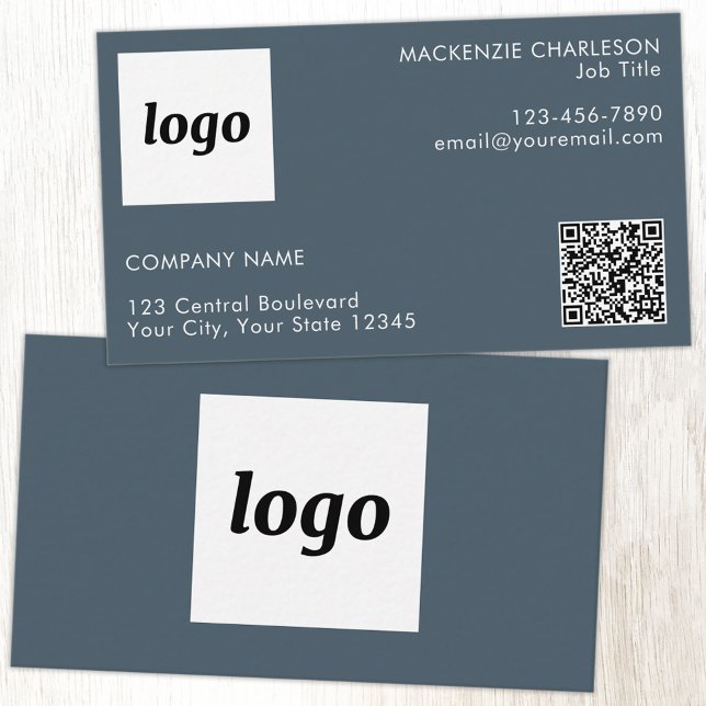Simple Logo and Text QR Code Charcoal Gray Business Card (Simple logo with QR code custom text business branding promotional charcoal gray business card)