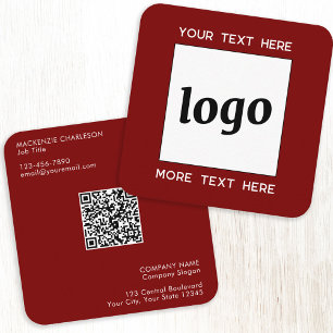 Simple Logo and Text QR Code Dark Burgundy Red Square Business Card