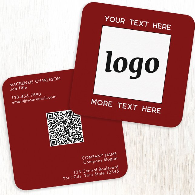 Simple Logo and Text QR Code Dark Burgundy Red Square Business Card (Simple logo QR code custom text professional branding business card dark burgundy red)