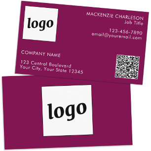 Simple Logo and Text QR Code Dark Cherry Pink Business Card