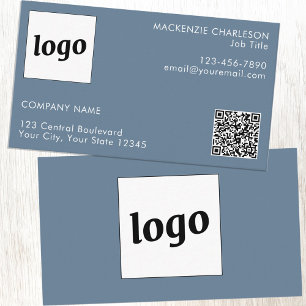 Simple Logo and Text QR Code Dusty Blue Grey Business Card