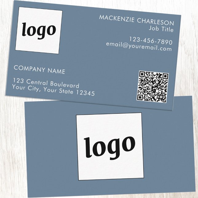 Simple Logo and Text QR Code Dusty Blue Grey Business Card (Logo QR code with custom text blue gray professional business card)