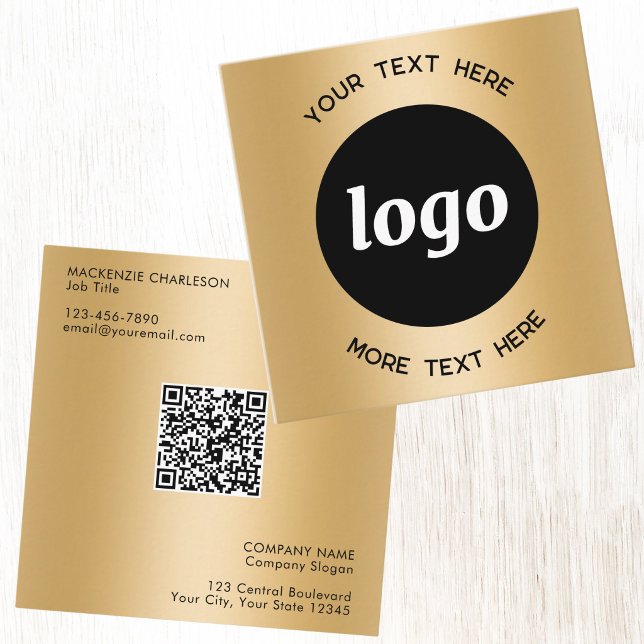 Simple Logo and Text QR Code Gold Square Business Card (Logo with custom text business branding promotional qr code gold metallic effect business card)