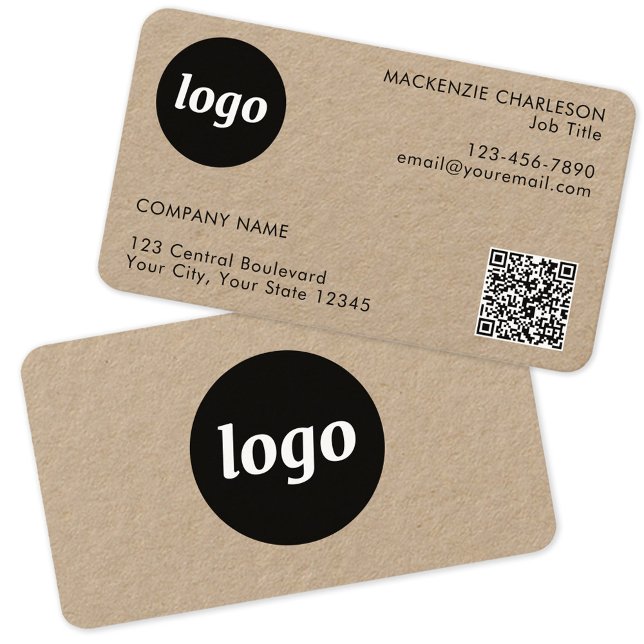 Simple Logo and Text QR Code Kraft Business Card (Logo with QR code custom text Kraft business card)