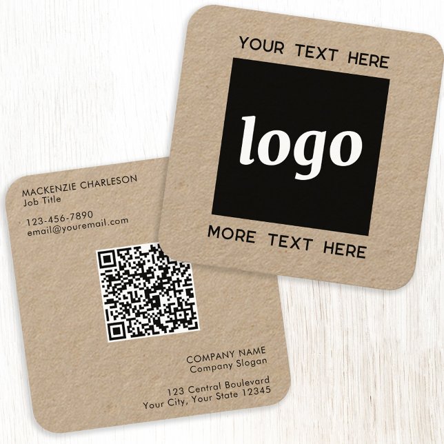 Simple Logo and Text QR Code Kraft Square Business Card (Logo QR code with custom text professional Kraft business card)