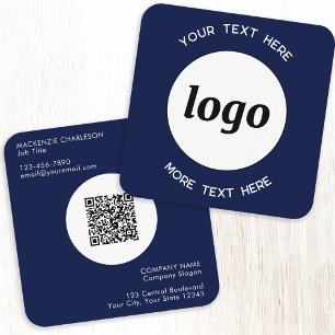 Simple Logo and Text QR Code Navy Blue Square Business Card