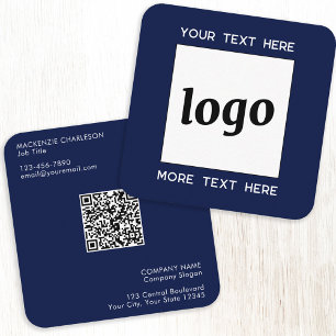 Simple Logo and Text QR Code Navy Blue Square Business Card