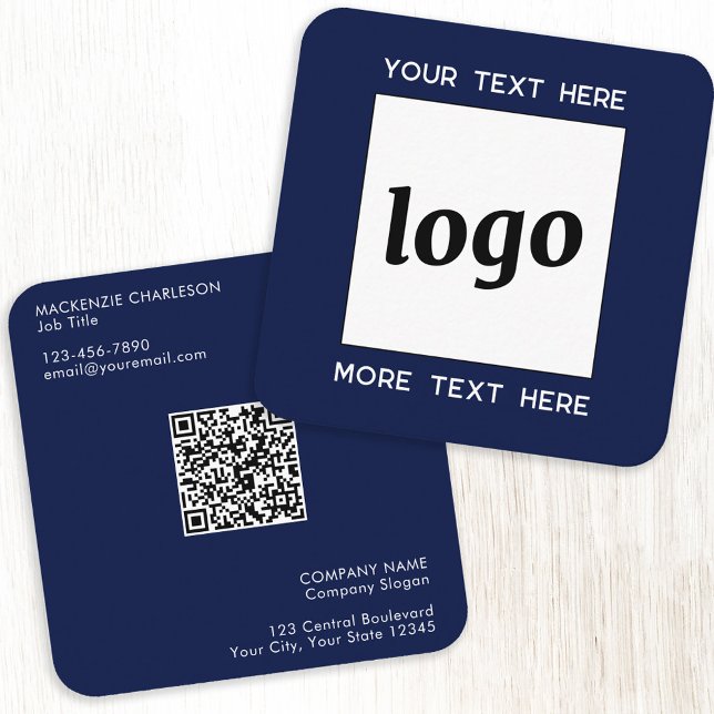 Simple Logo and Text QR Code Navy Blue Square Business Card (Simple logo with QR code and custom text navy blue square business card)