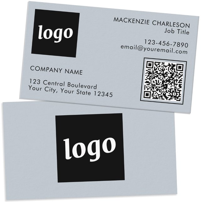 Simple Logo and Text QR Code Powder Blue Business Card (Logo with QR code and custom text dusty powder blue mini business card)