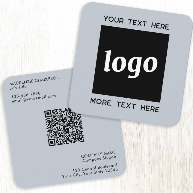 Simple Logo and Text QR Code Powder Blue Square Business Card (Logo with QR code and custom text dusty powder blue square business card)