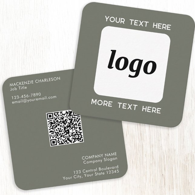 Simple Logo and Text QR Code Sage Green Square Business Card (Logo with QR code custom text business card)