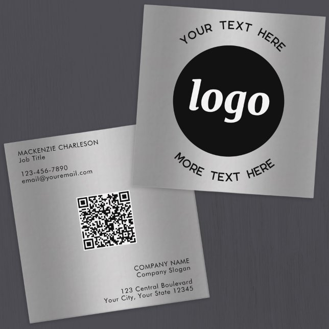 Simple Logo and Text QR Code Silver Square Business Card (Simple logo custom text QR code siiver metallic effect business branding promotional business cards)