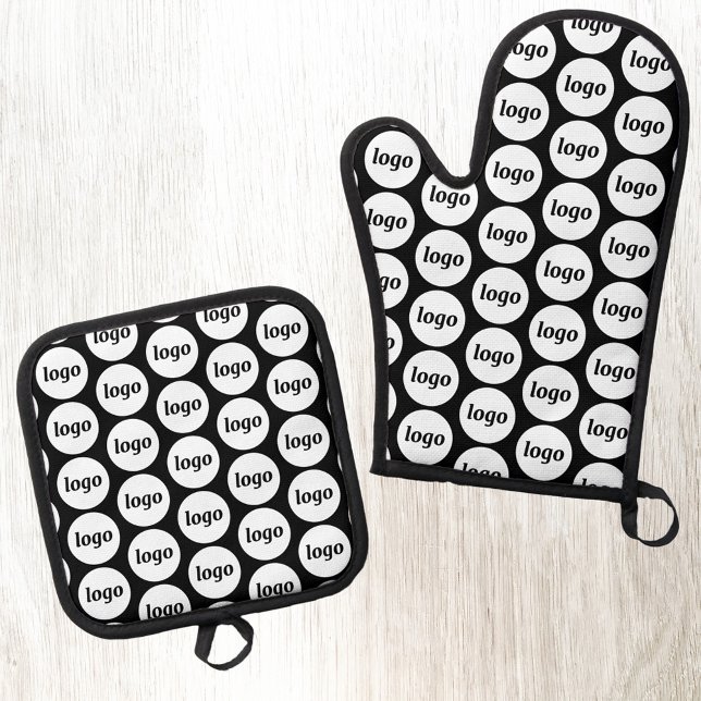 Simple Logo Business Promotional Pattern Black Oven Mitt & Pot Holder Set (Logo pattern business branding promotional oven glove or mitt and pot holder)