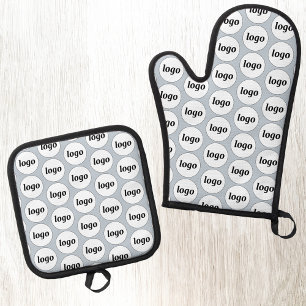 Simple Logo Business Promotional Pattern Blue Oven Mitt & Pot Holder Set