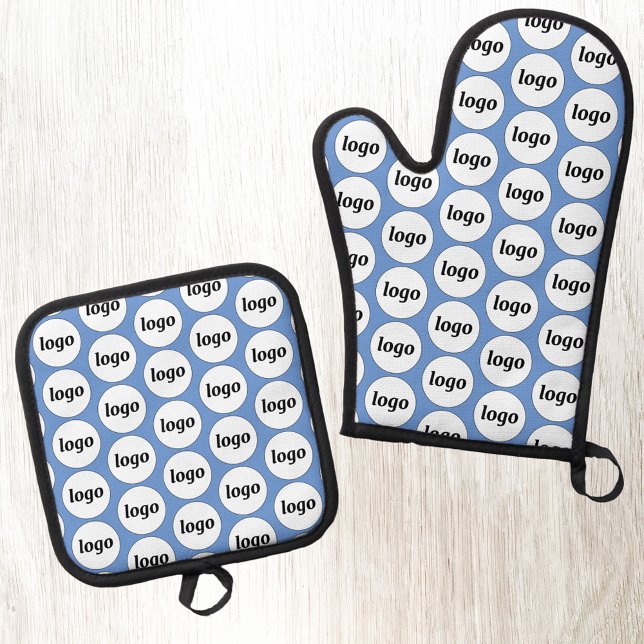 Simple Logo Business Promotional Pattern Blue Oven Mitt & Pot Holder Set (Logo pattern business branding promotional oven glove or mitt and pot holder)