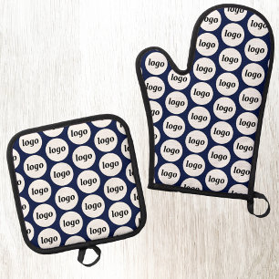 Simple Logo Business Promotional Pattern Navy Blue Oven Mitt & Pot Holder Set