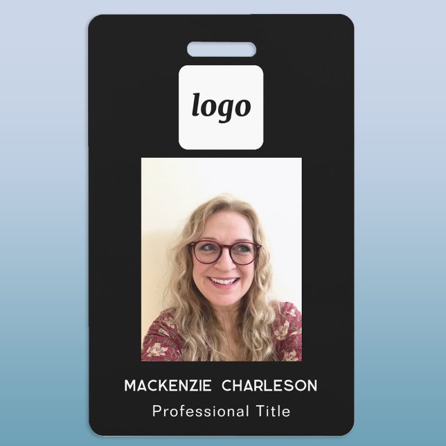 Simple Logo Photo ID Black Nametag  Badge (Simple logo with custom text professional photo ID)