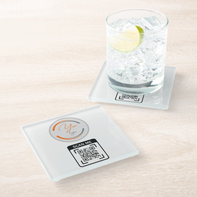 Simple Logo QR Code Business White Glass Coaster (Angled)