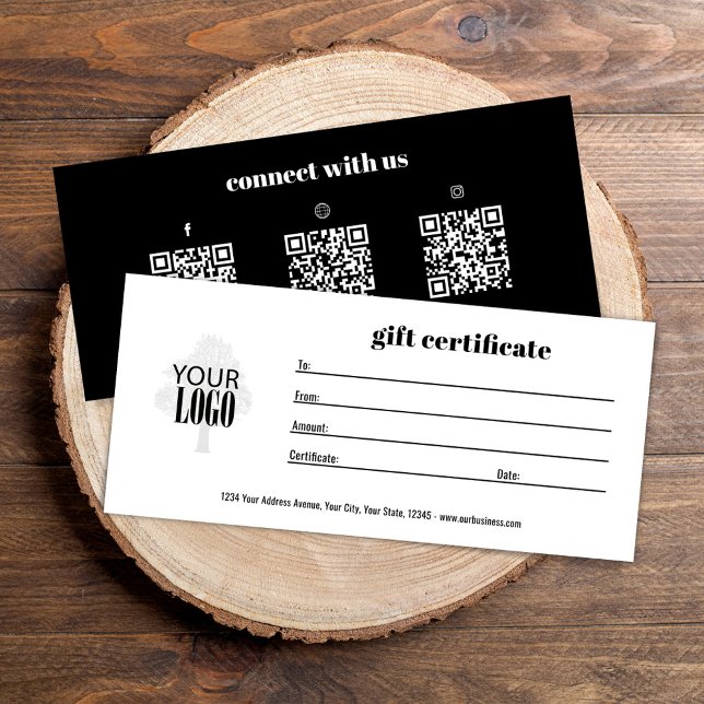 Simple Logo QR Code Gift Certificate  (Black and white custom gift certificates. Add your logo.)