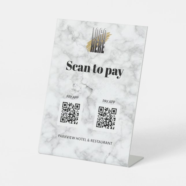 Simple Logo Scan to Pay 2 QR Codes Pay Apps Marble Pedestal Sign (Front)
