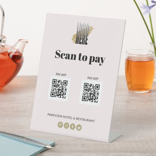 Simple Logo Scan to Pay Apps 2 QR Codes  blush Pedestal Sign (In SItu)