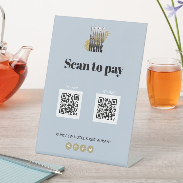 Simple Logo Scan to Pay Apps 2 QR Codes Dusty Blue Pedestal Sign (In SItu)