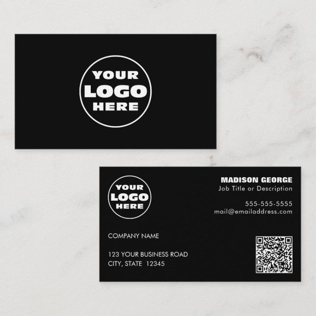 Simple Logo Text and QR code Black Business Card (Front/Back)