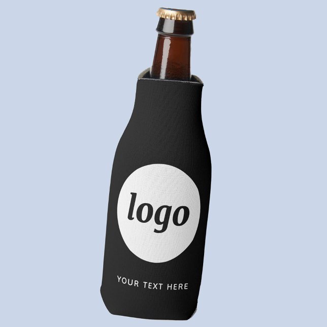 Simple Logo Text Business Promotional Black Bottle Cooler (Simple logo with custom text business branding promotional bottle cooler in black and white)