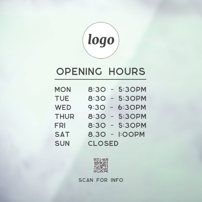 Simple Logo Text QR Code Business Opening Hours Window Cling (Simple logo with custom text business branding promotional QR code store shop office opening hours)