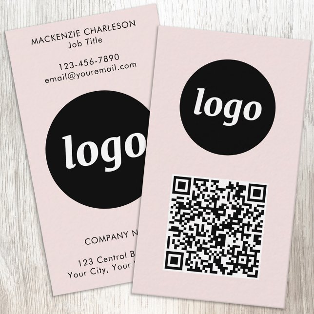 Simple Logo Text QR Code Vertical Blush Pink Business Card (Simple logo with custom text and QR code business branding promotional vertical pink business cards)