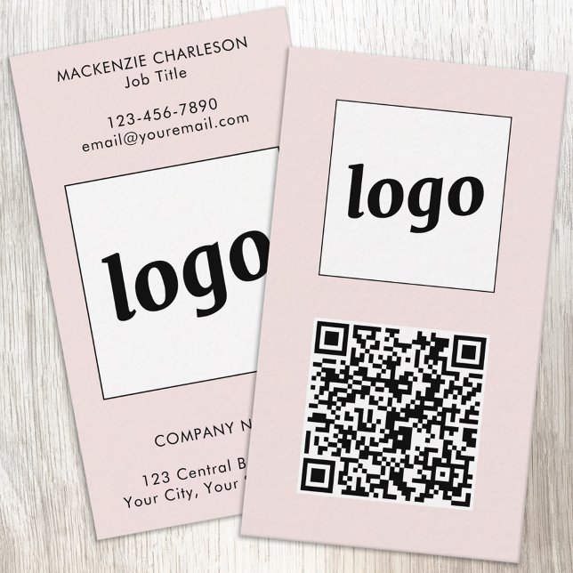 Simple Logo Text QR Code Vertical Blush Pink Business Card (Simple logo with custom text and QR code business branding promotional vertical pink business cards)